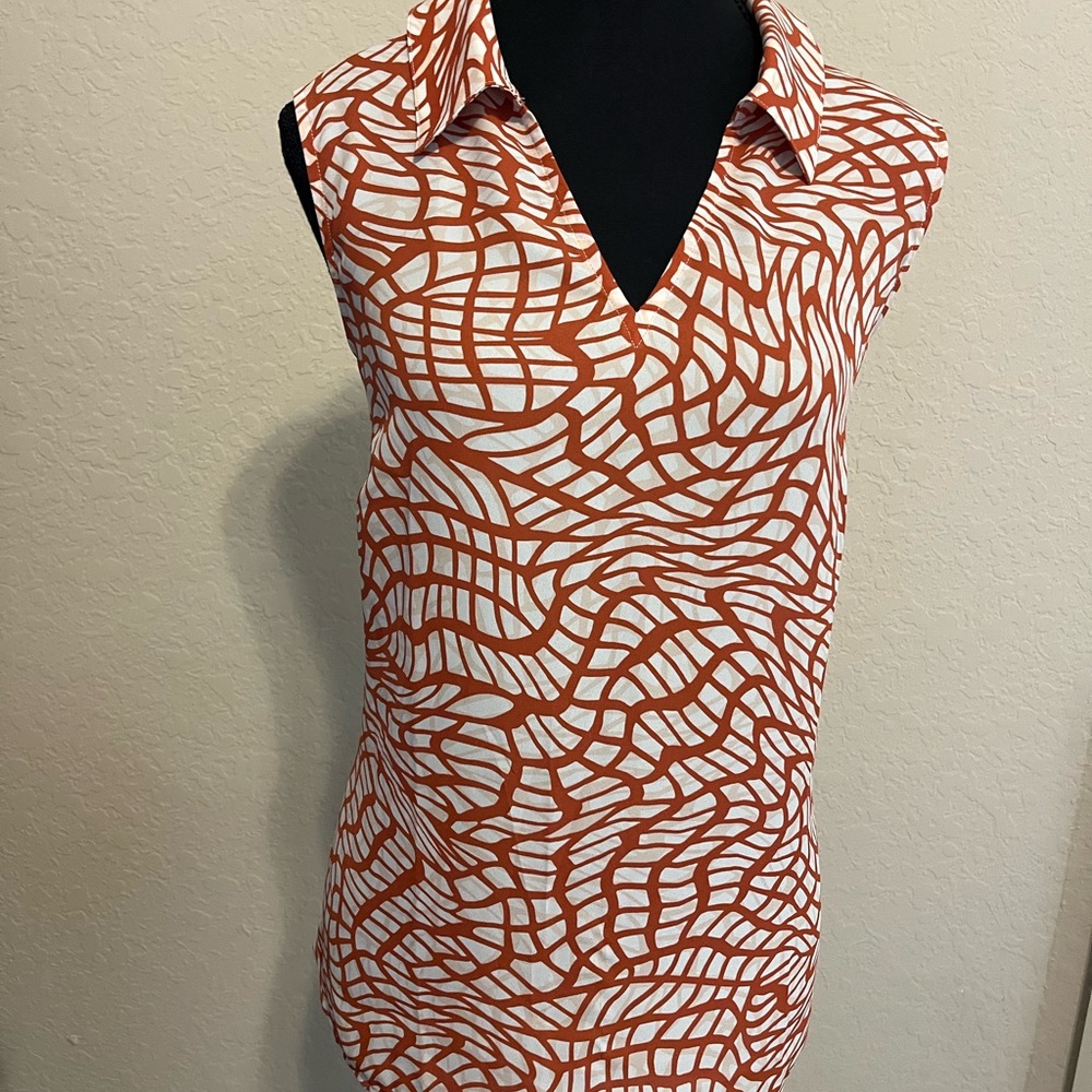 CAbi Orange and White Sleeveless Polo Blouse
